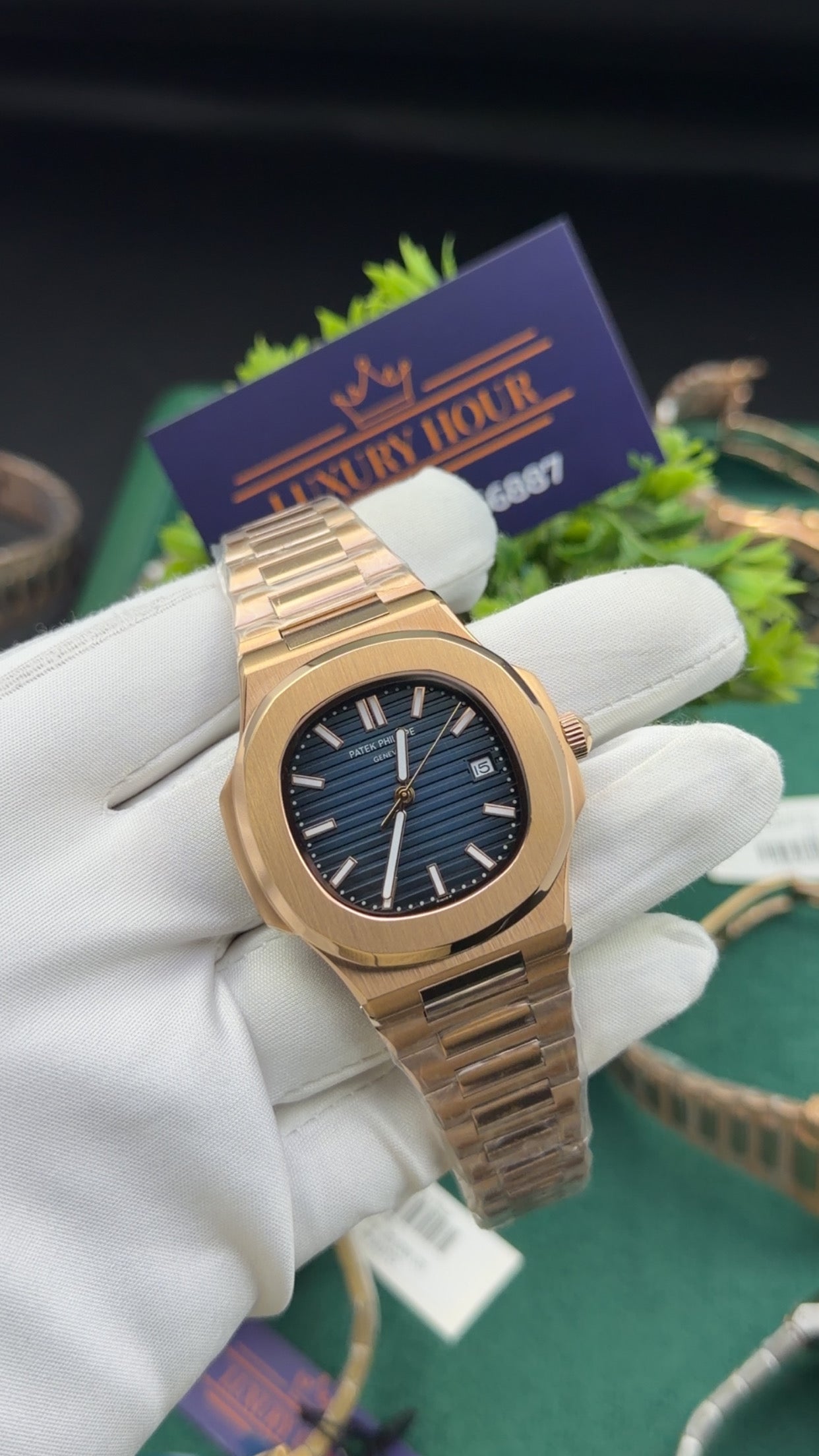 Rose gold with blue dial
