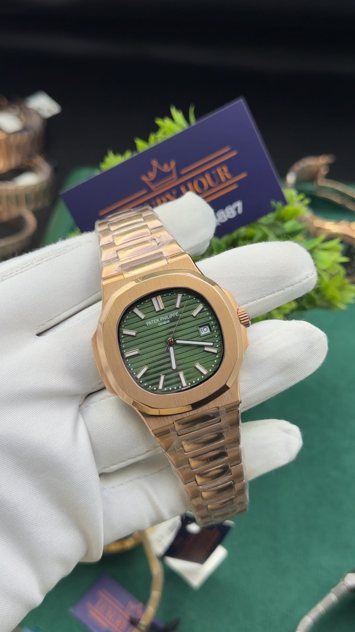 Rose gold with green dial