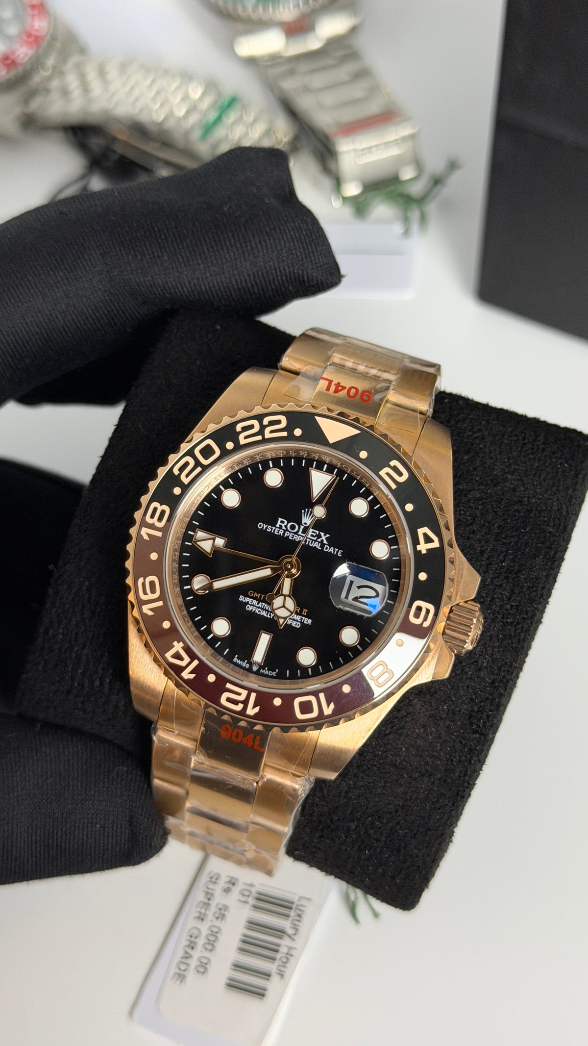 Rose Gold With Black Dial.
