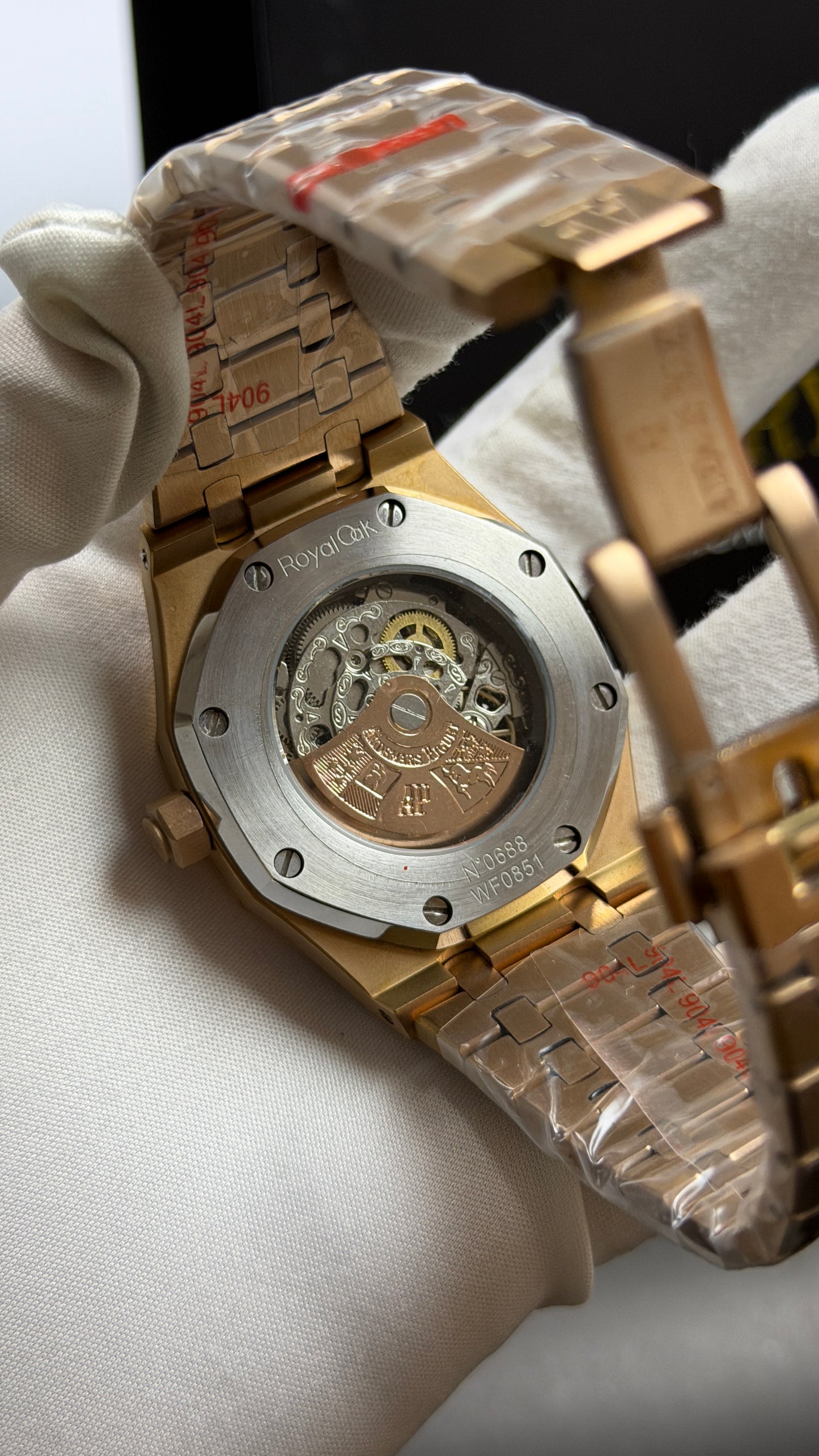 Rose Gold with Black Skeleton Dial.