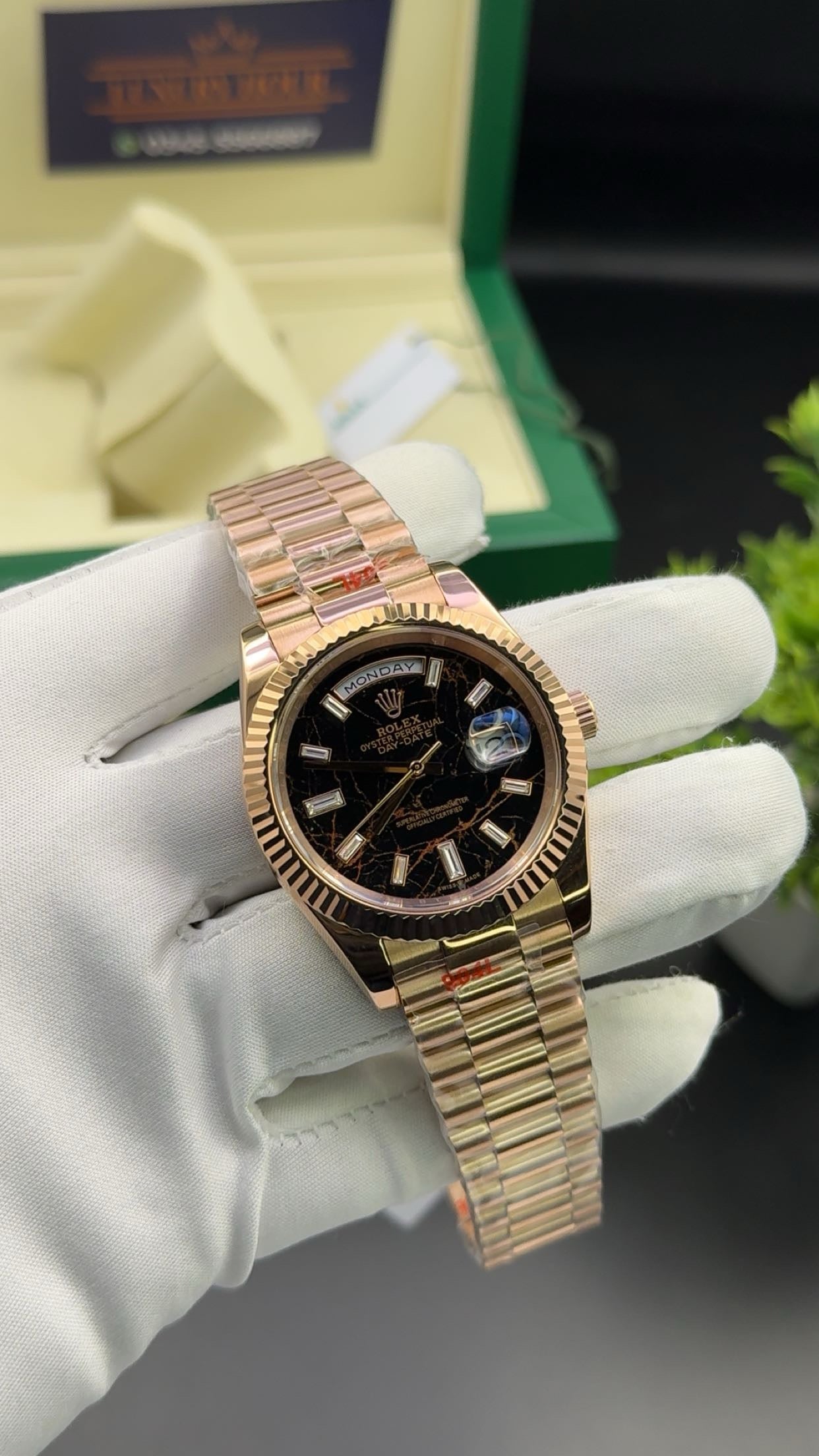 Rose Gold with black meteorite dial