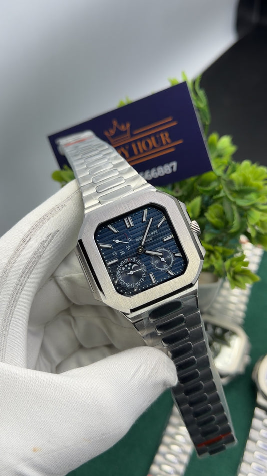 Silver with blue dial