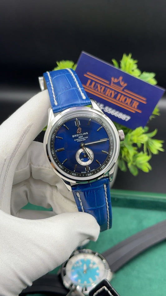 Silver with blue dial