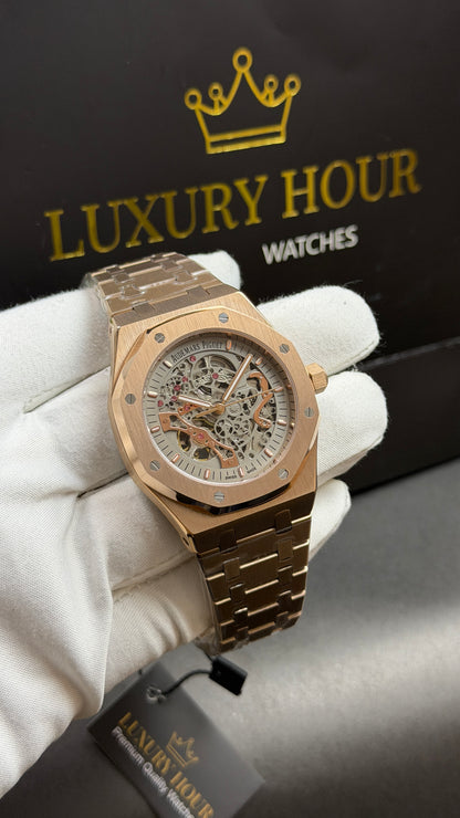 Rose Gold with White Skeleton Dial.