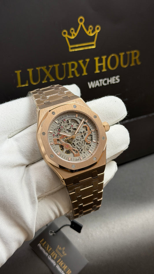 Rose Gold with White Skeleton Dial.