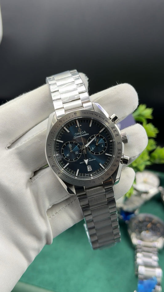 Silver with blue dial