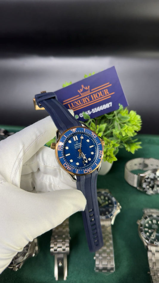 Rose gold two tone with blue strap