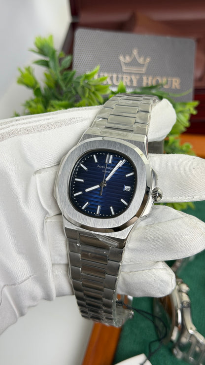 Silver with Blue Dial.