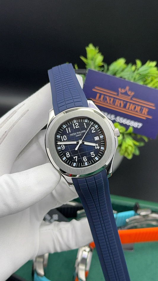 Silver with blue dial