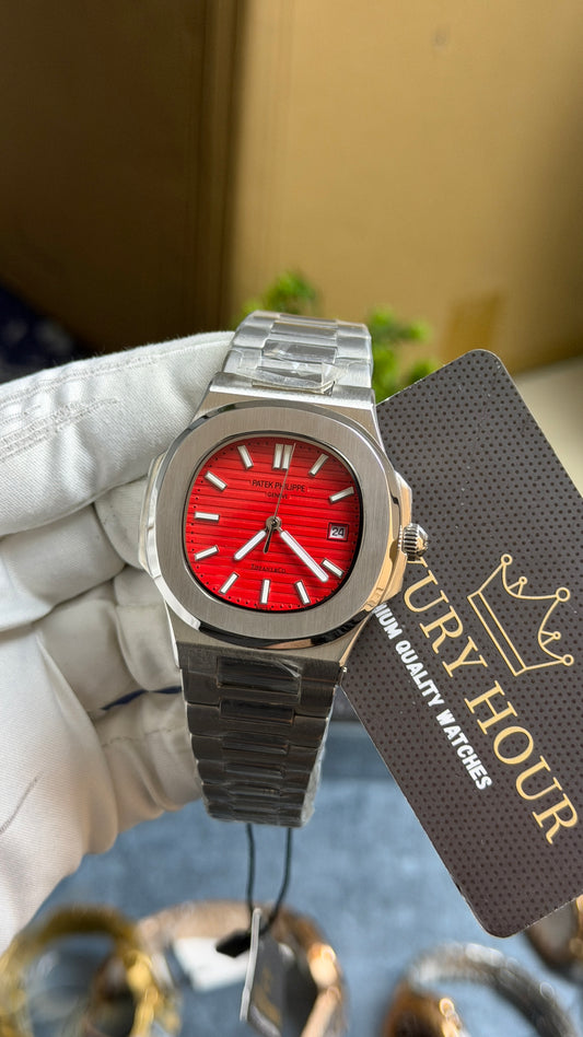 Silver with Red Dial.