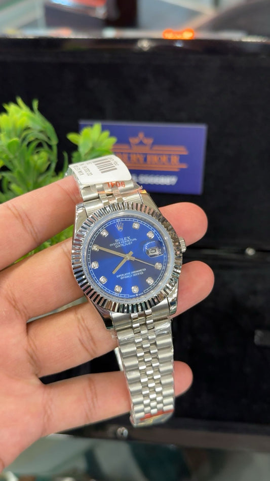 Silver with blue dial