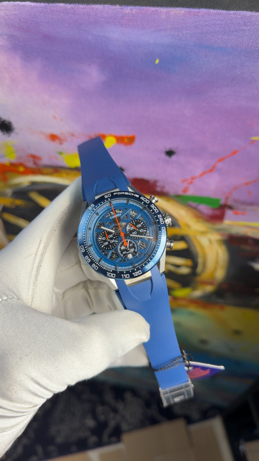 Silver with blue dial