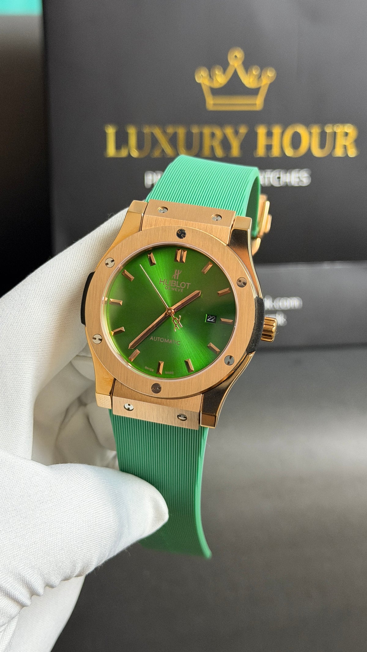 Rose Gold with Green Dial.
