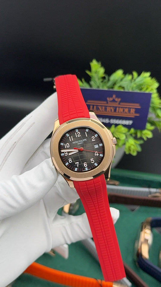 Rose gold with dark grey dial
