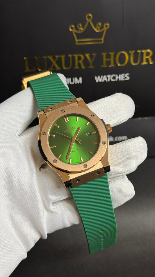 Rose Gold with Green Dial.