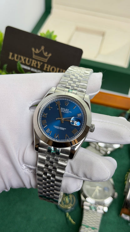 Silver with Blue Dial.