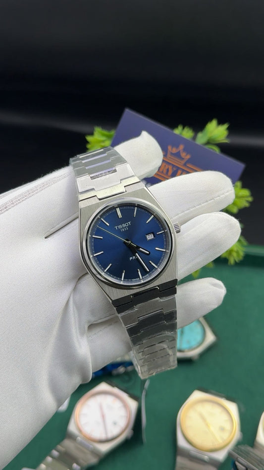 Silver with blue dial