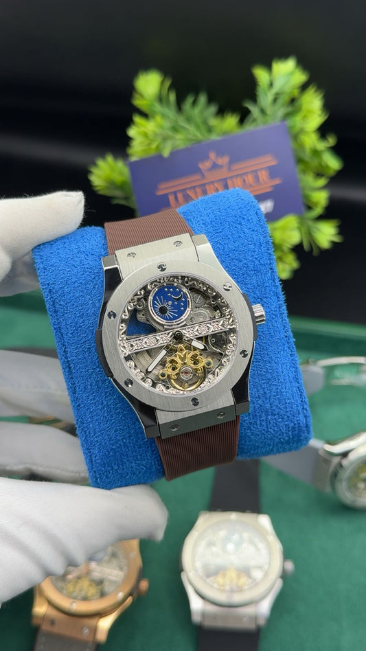 Silver with burgundy strap