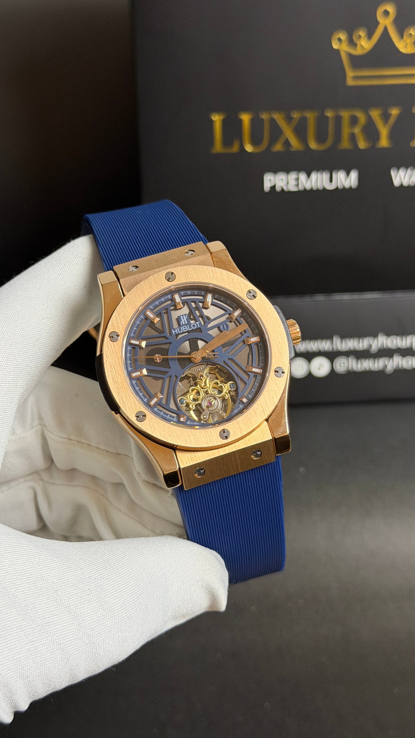 Rose Gold with Blue Skeleton Dial.