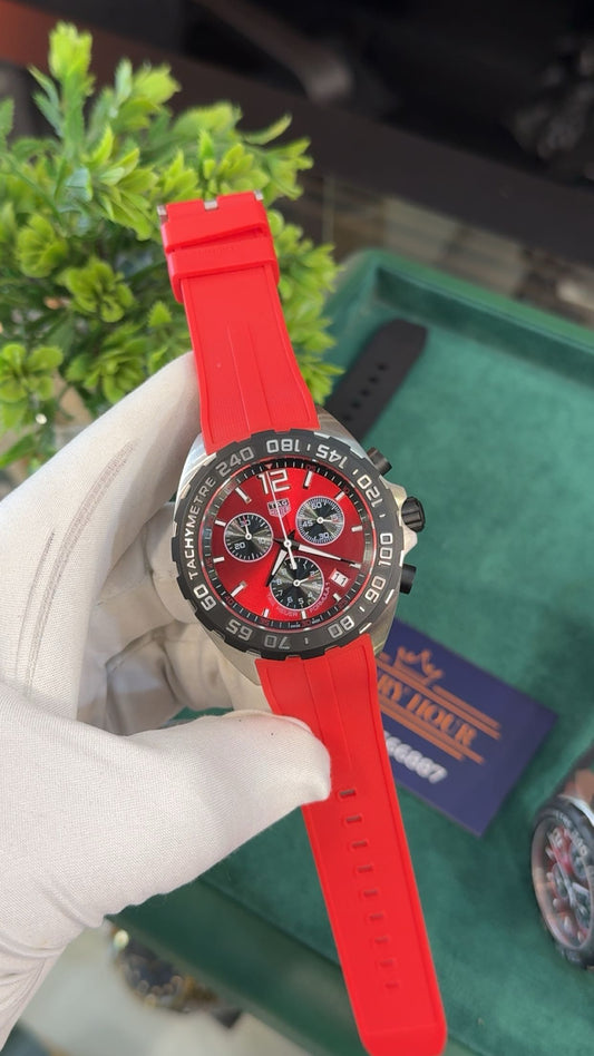 Silver with red dial