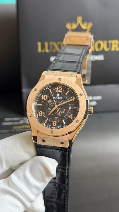 Rose Gold with Skeleton Dial.