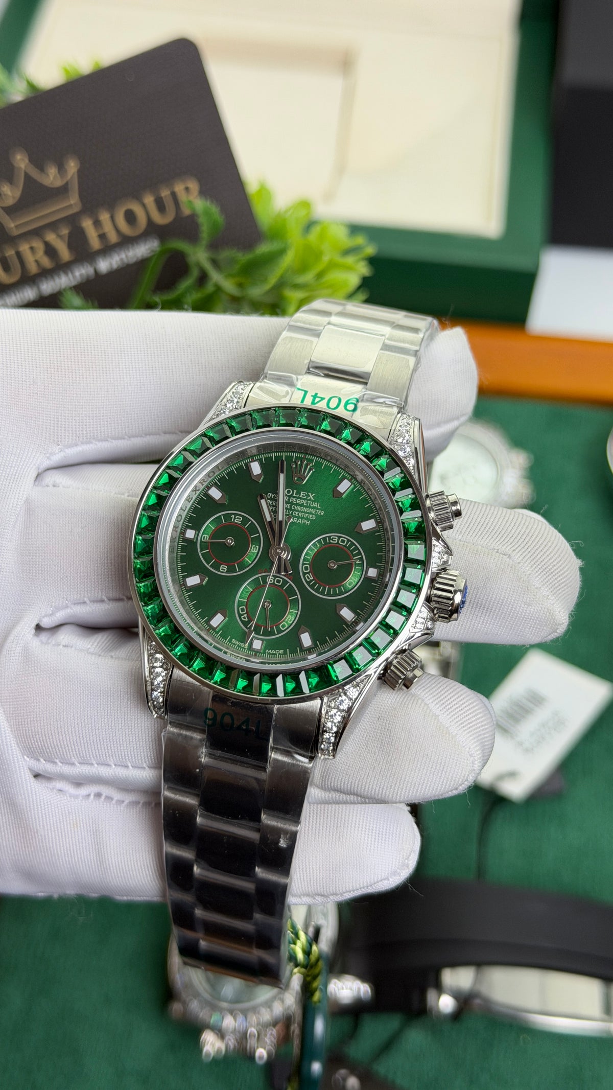 Silver with Green Dial.