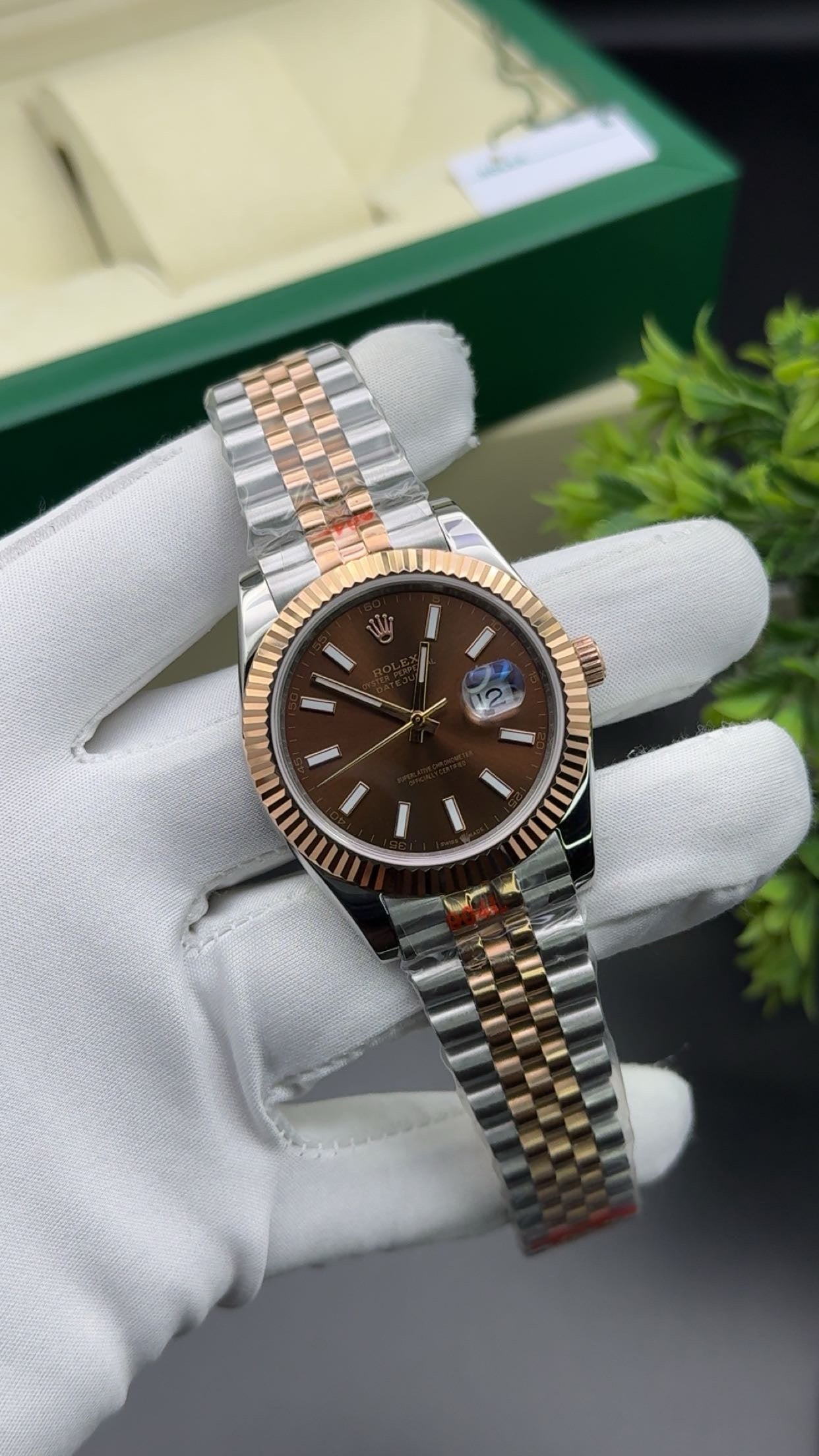 Rose gold two tone with chocolate dial