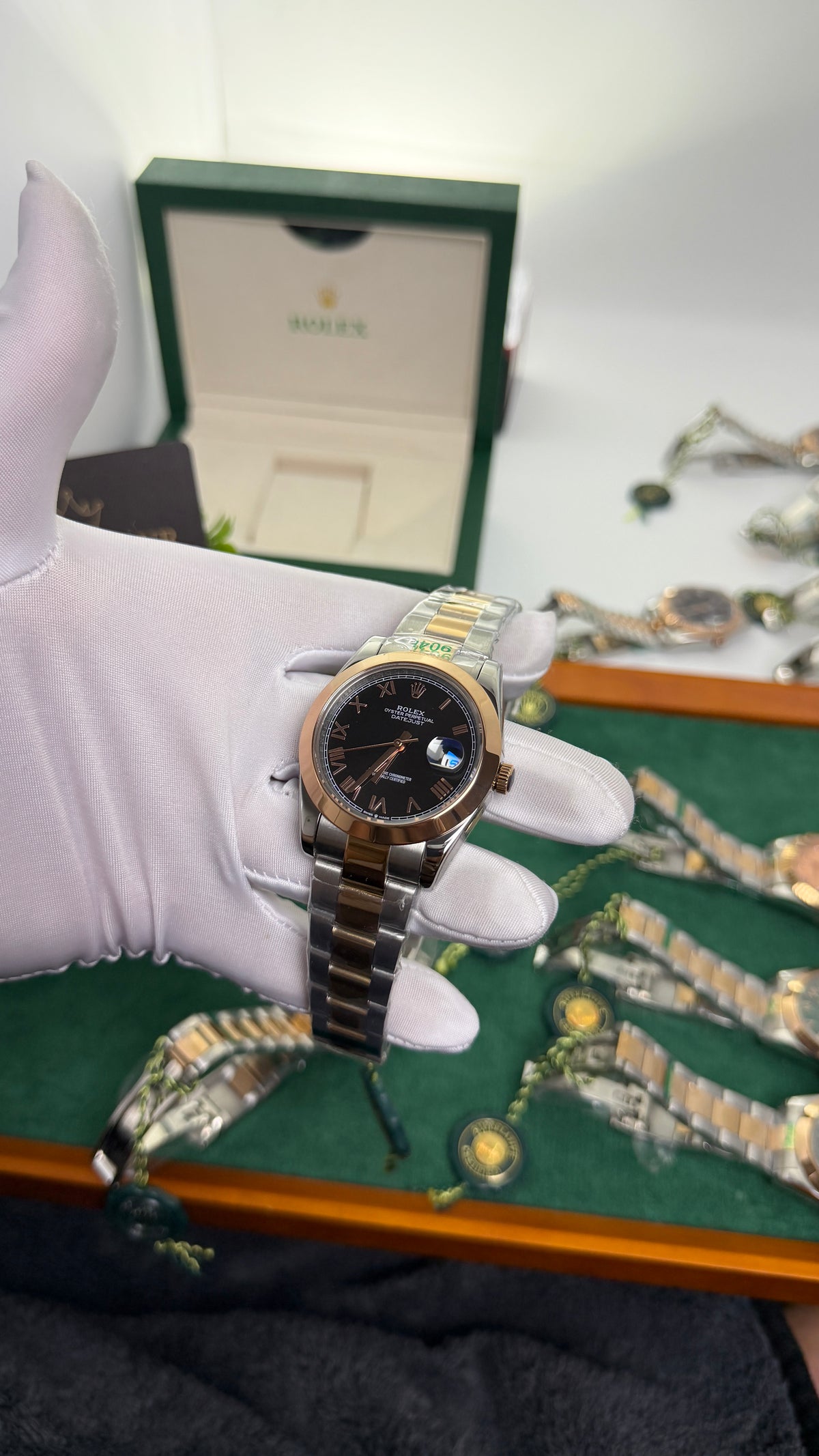 Rose Gold Two Tone with Black Dial.