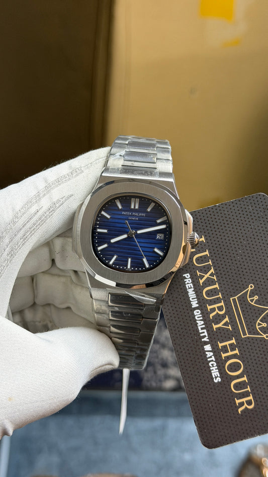 Silver with Blue Dial.