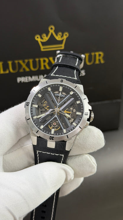 Silver with Black Skeleton Dial.( 100% Original )