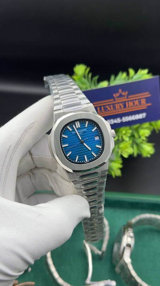 Silver with blue dial