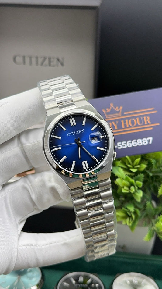 Silver with blue dial
