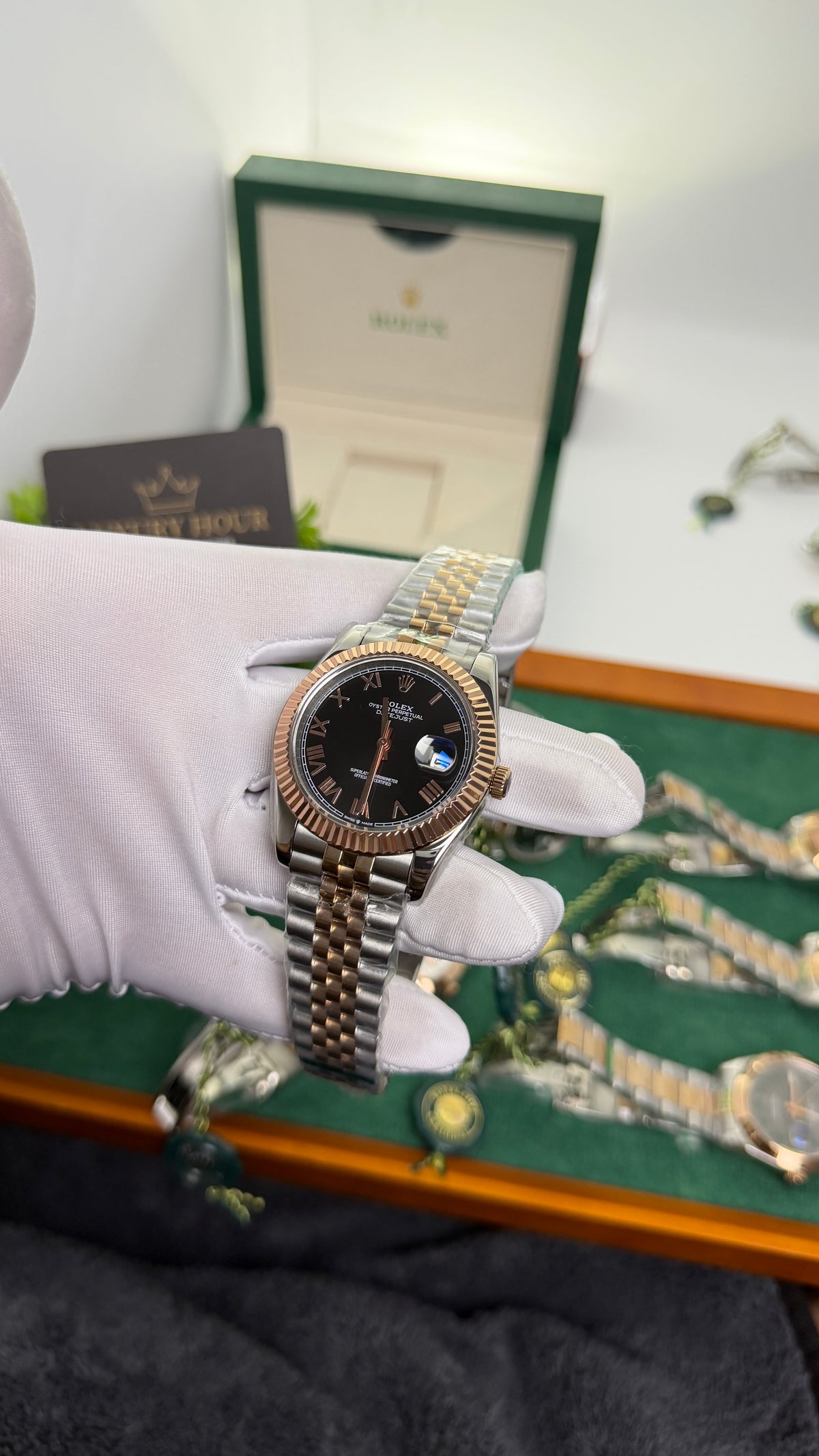 Rose Gold Two Tone with Black Dial.