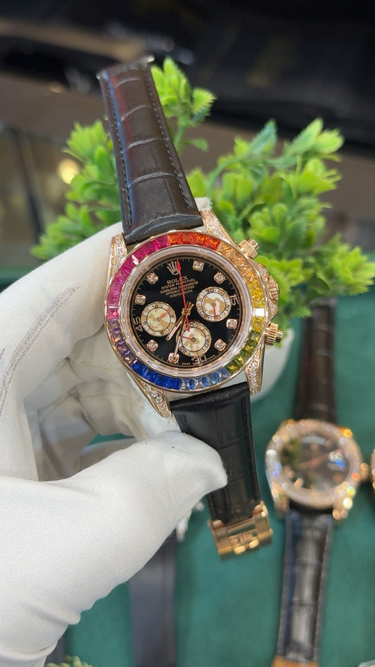 Rose gold with rainbow stones.