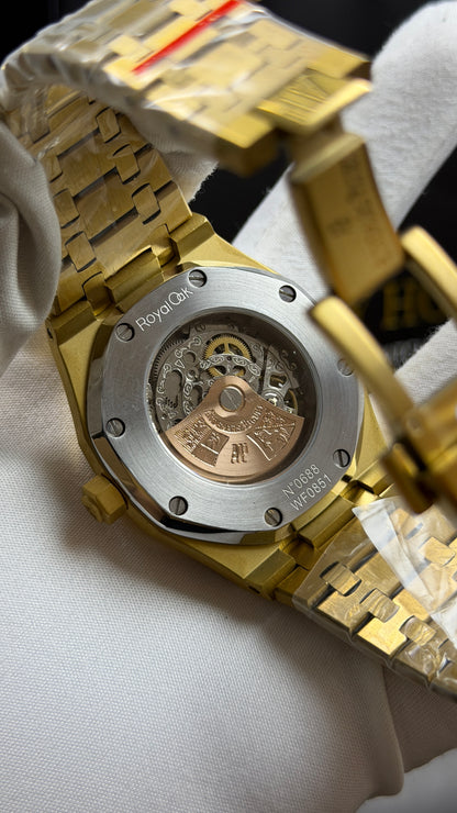 Yellow Gold with Black Skeleton Dial.
