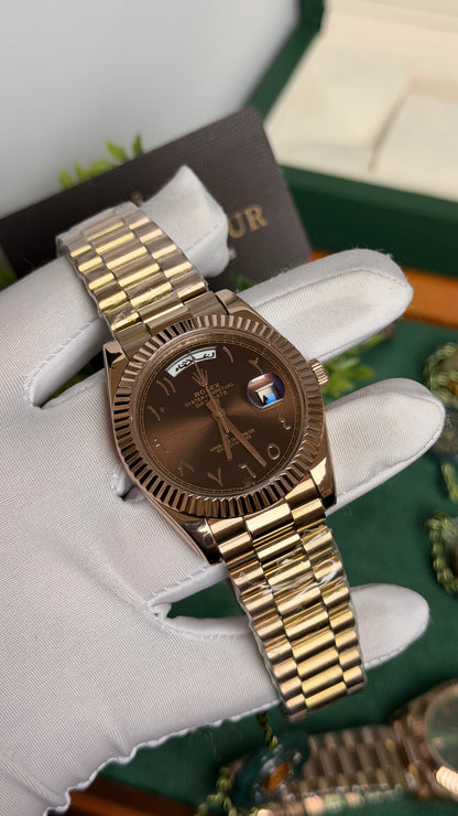 Rose Gold with Chocolate Dial.