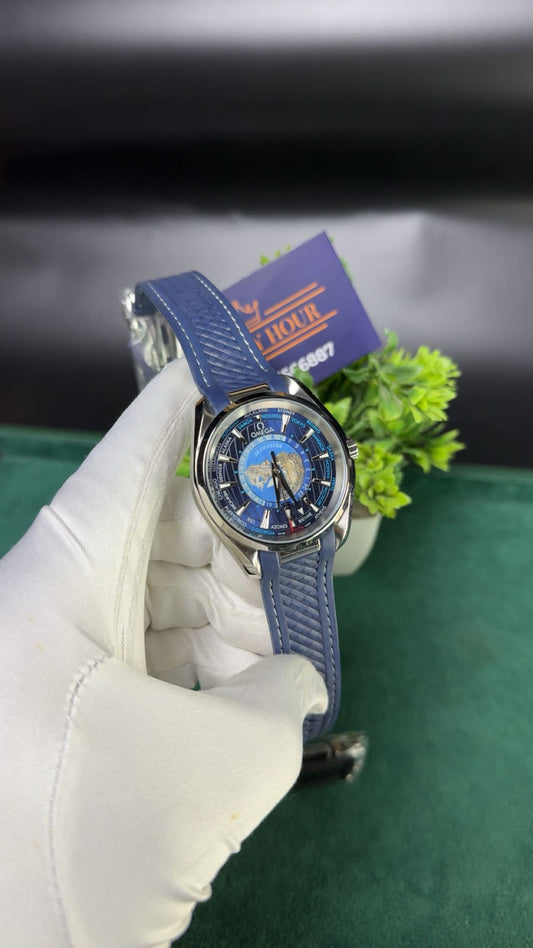 Silver with blue dial