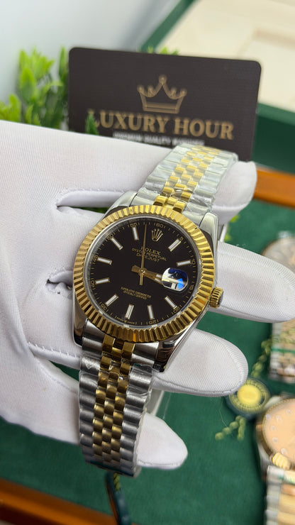 Yellow Gold Two Tone with Black Dial.