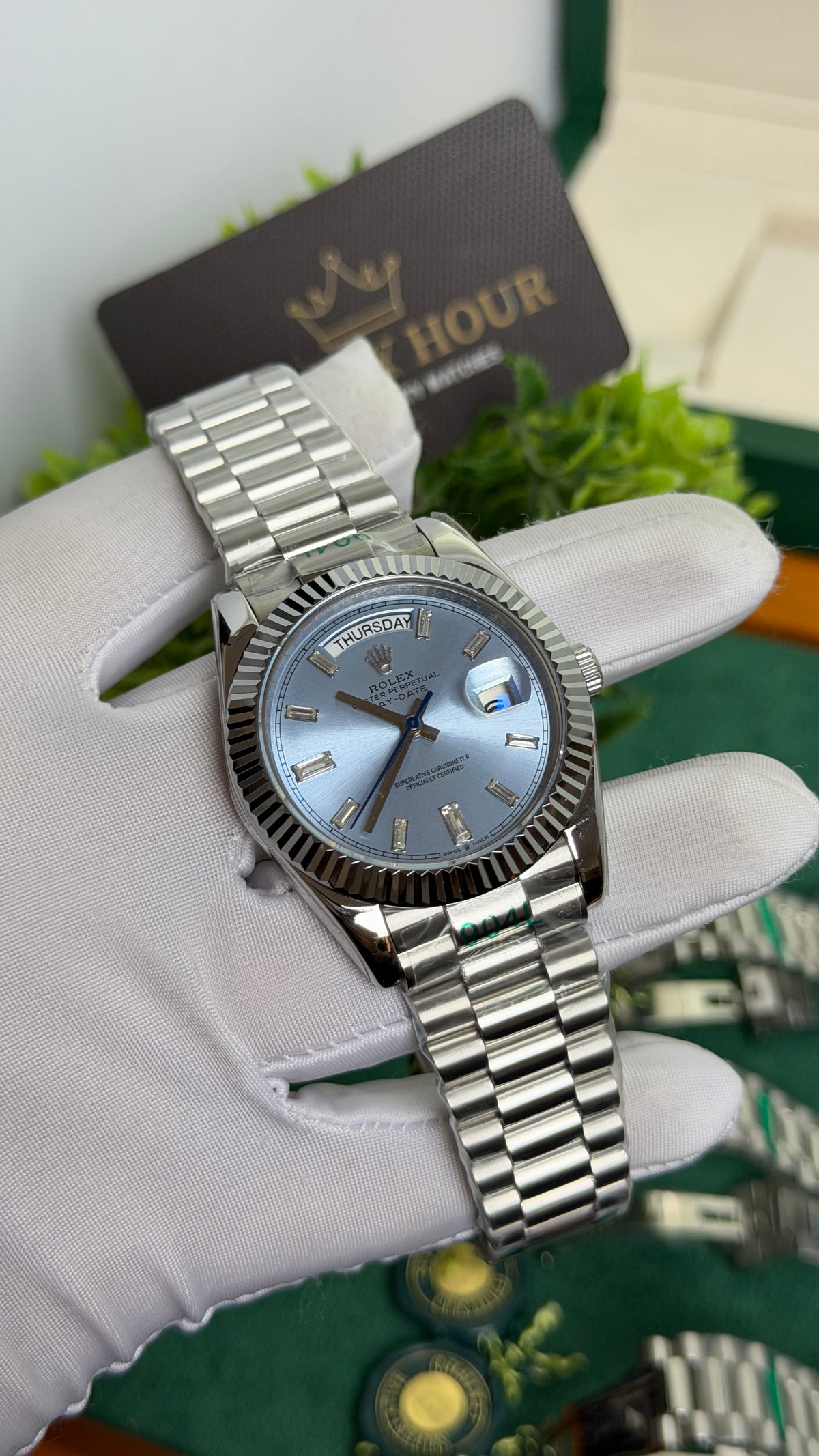 Silver with Blue Dial.