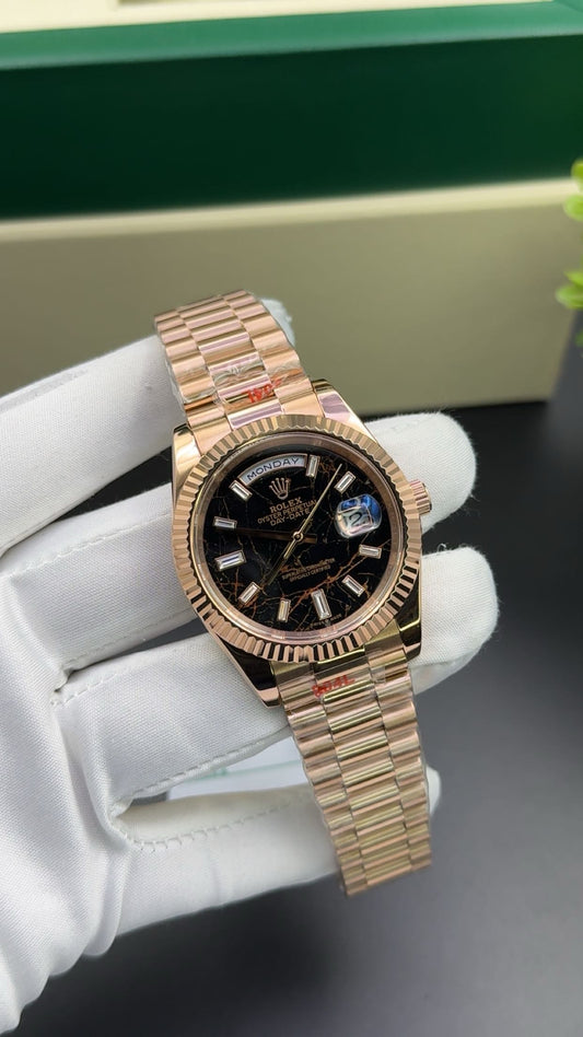 Rose Gold with black meteorite dial