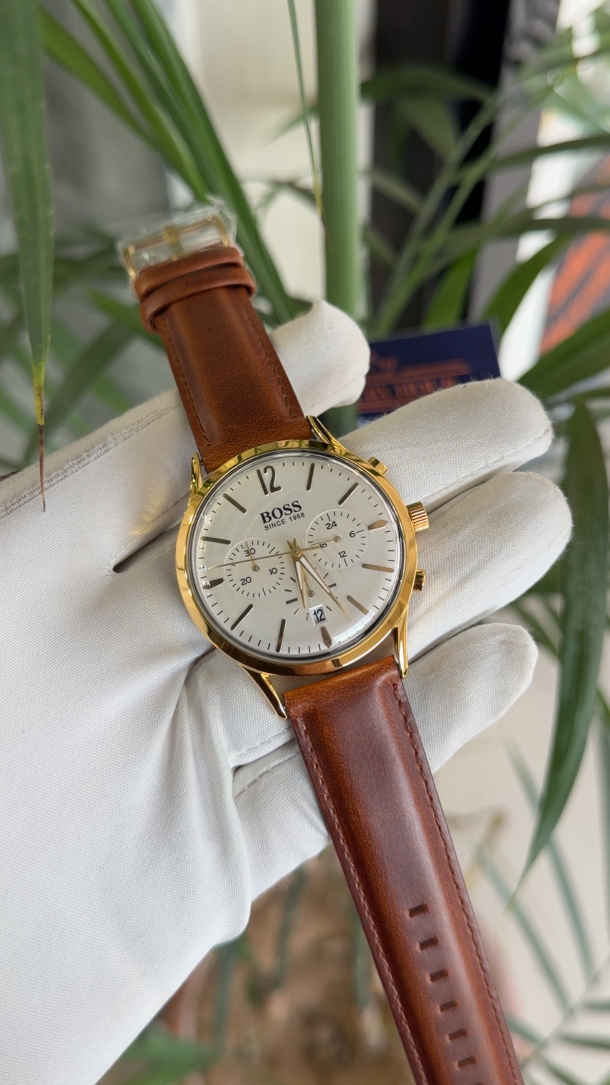 Yellow gold with white dial and brown strap