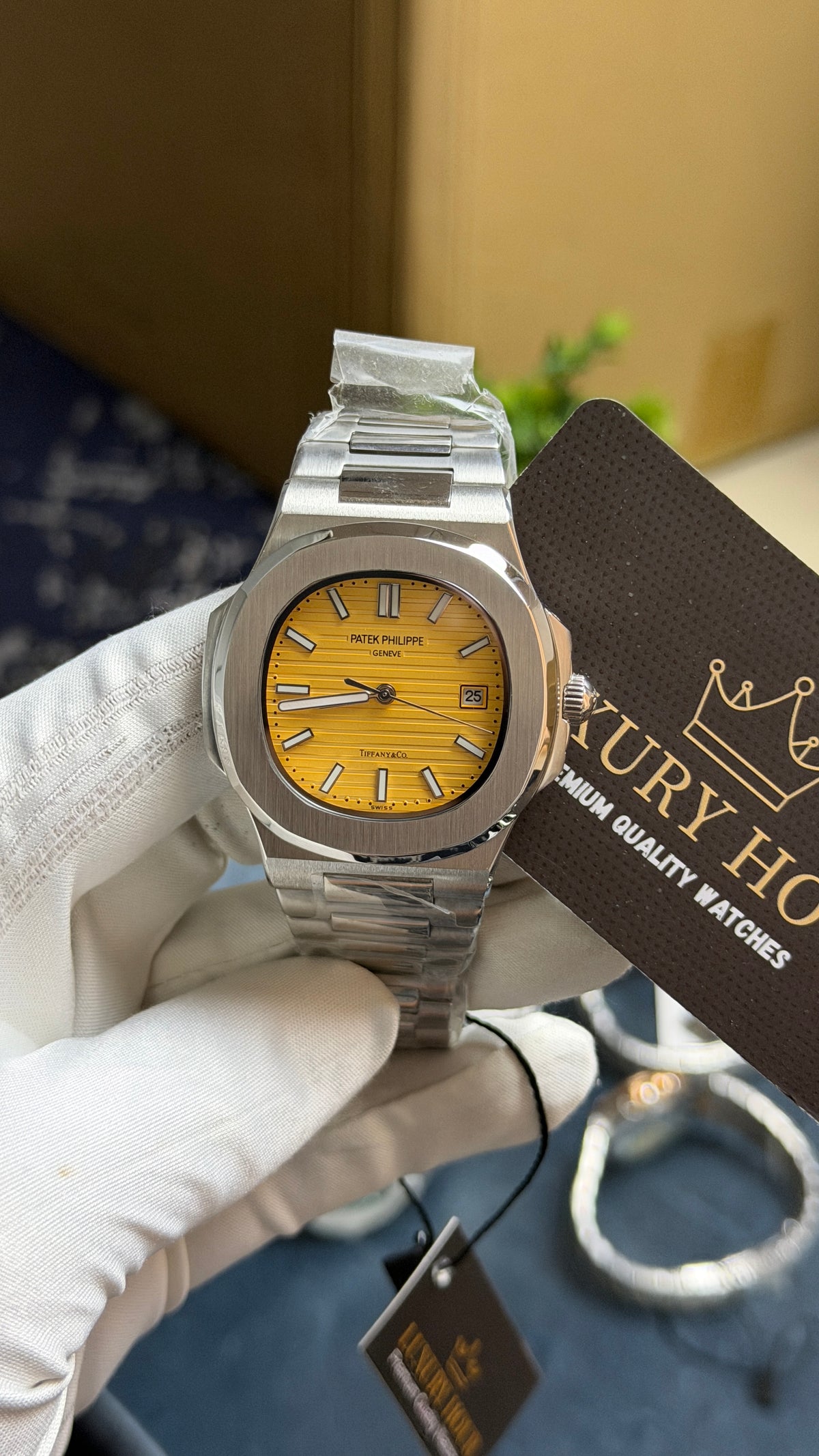 Silver with Yellow Dial.