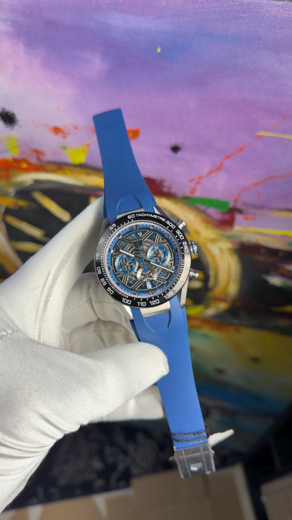 Silver with blue dial