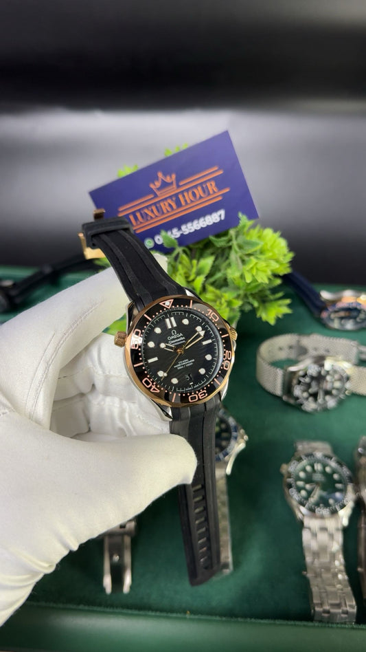 Rose gold two tone with black strap