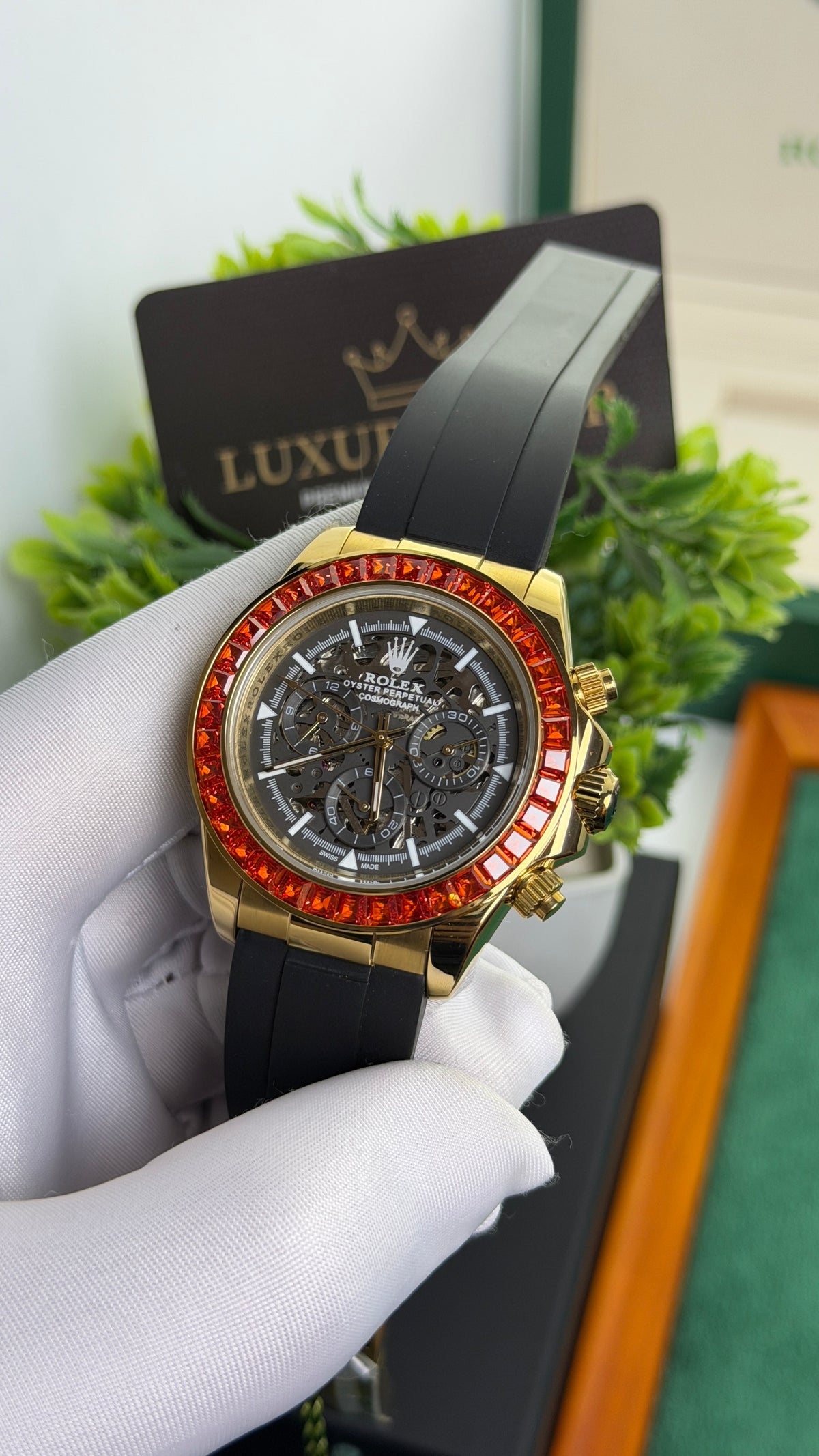 Yellow Gold with Skeleton Dial ( Red Diamond Edition )♦️
