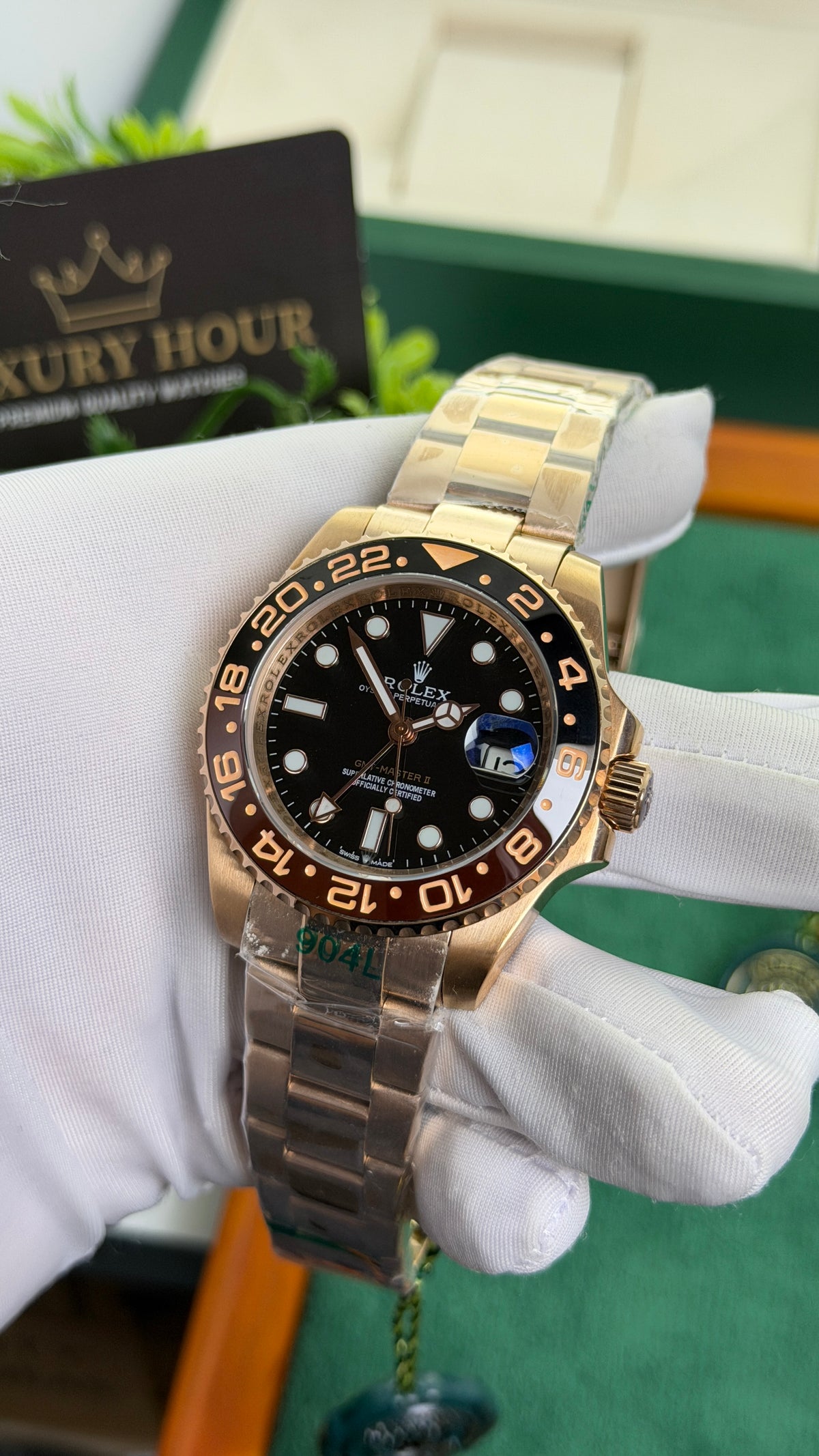 Rose Gold with Black Dial.