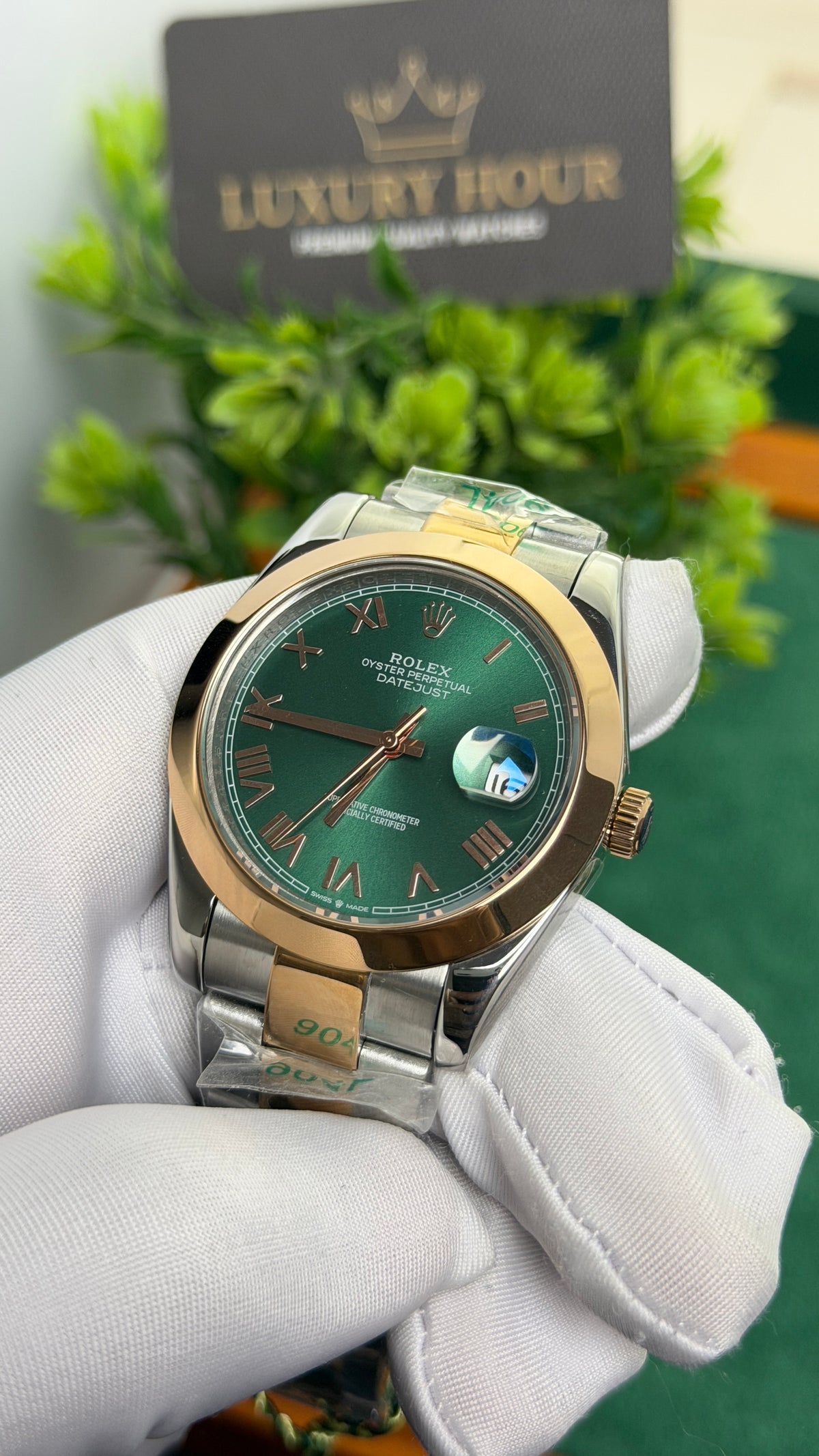 Rose Gold Two Tone with Green Dial.