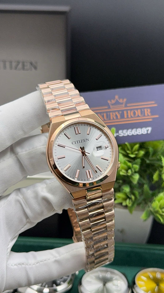 Rose gold with white dial
