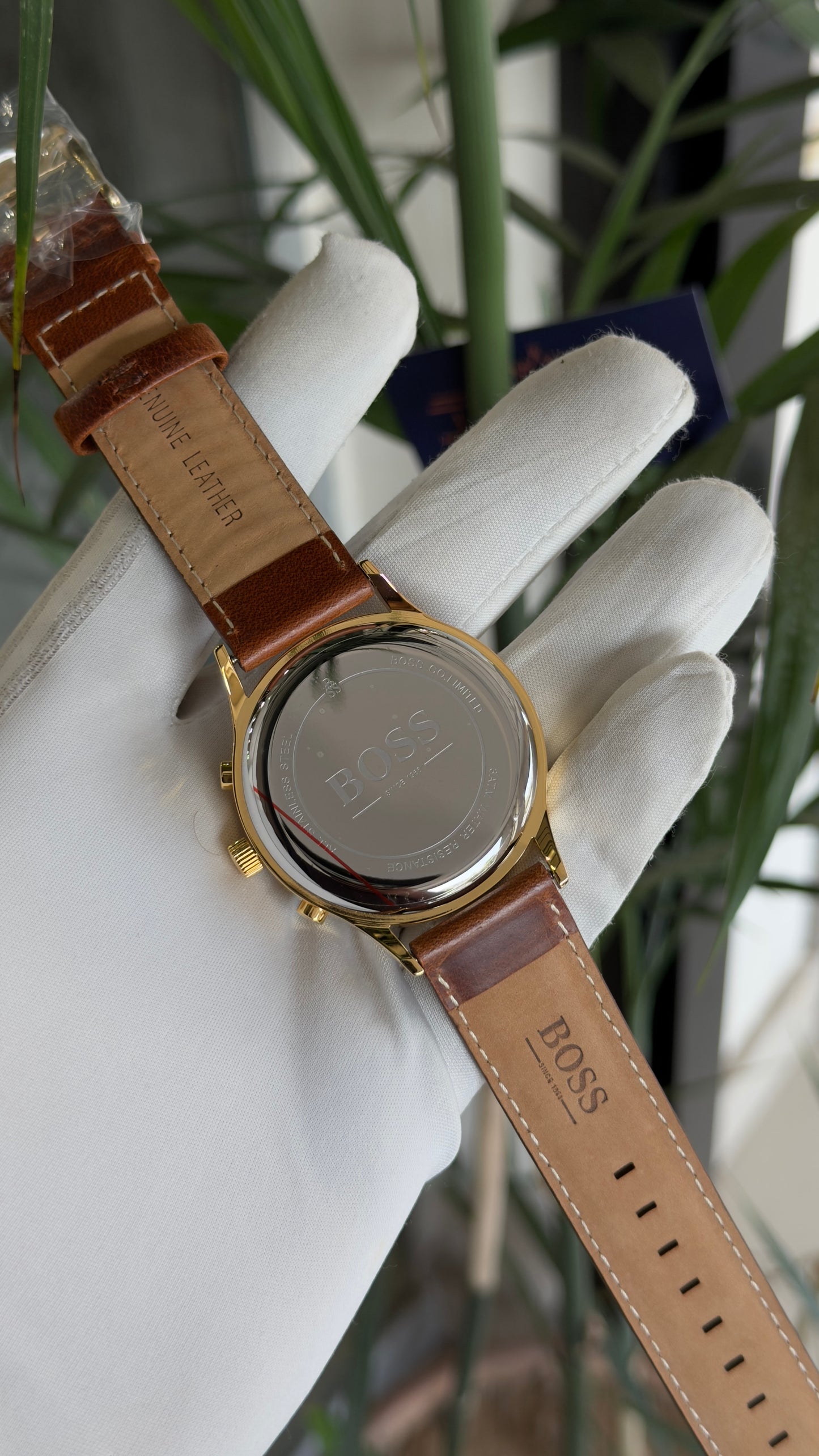 Yellow gold with black dial and brown strap