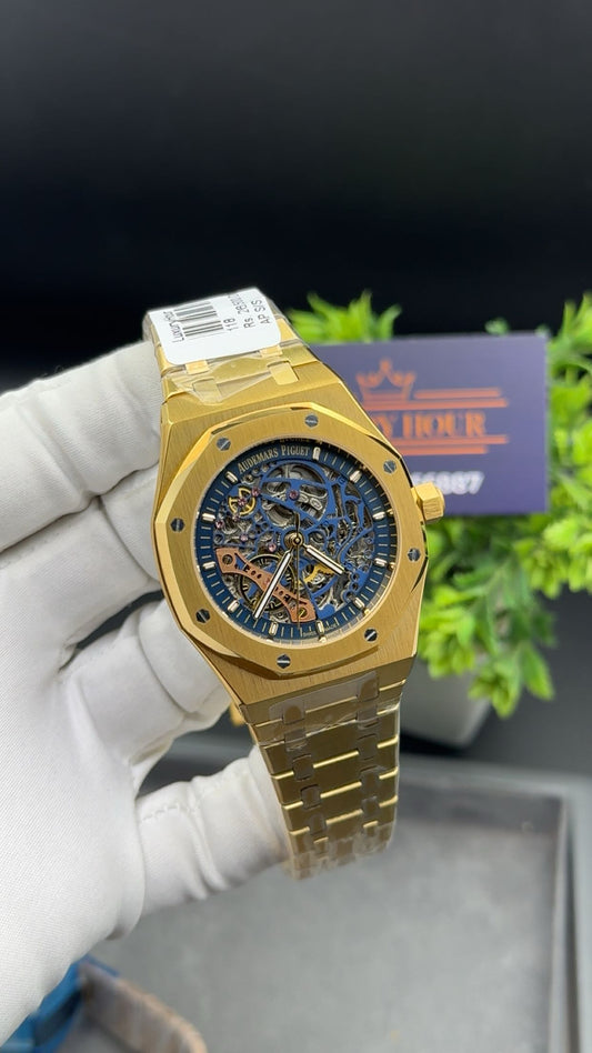 Yellow gold with blue dial.